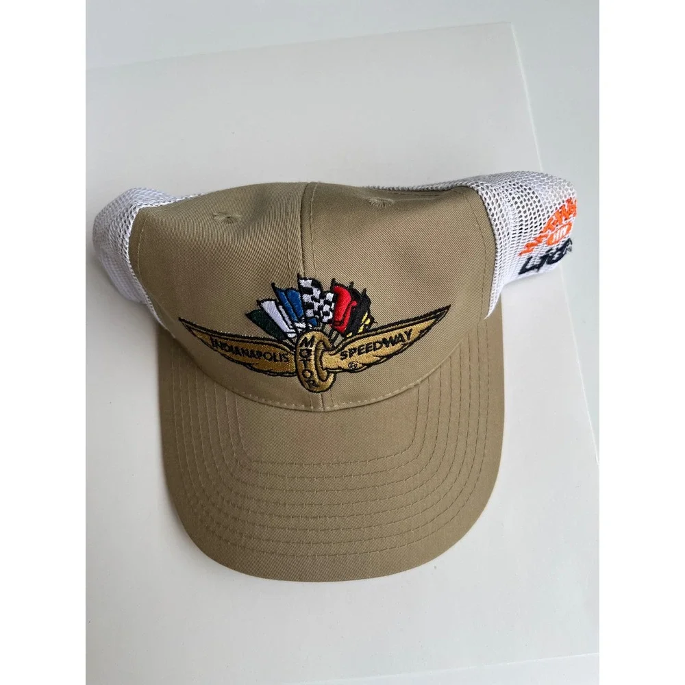 Indy‎ Motor Speedway Trucker Hat Tan White Mesh Snapback Racing Safety Cap